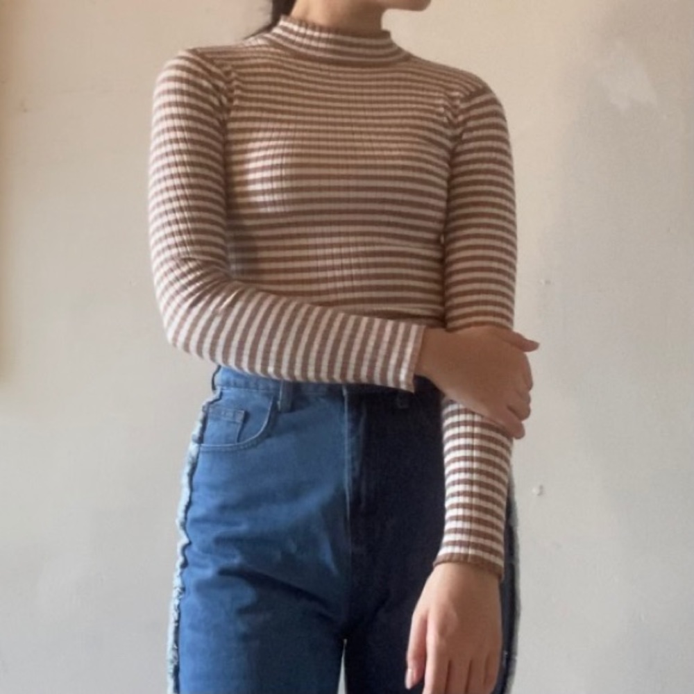 brown stripe mock neck turtle neck knit sweater